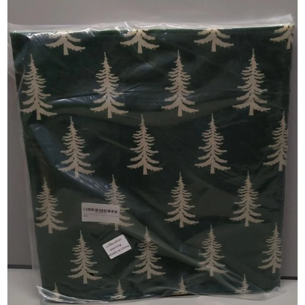 Forest Green Christmas Kitchen Mats Set of 2 Cream Xmas Tree Print Winter Hol...